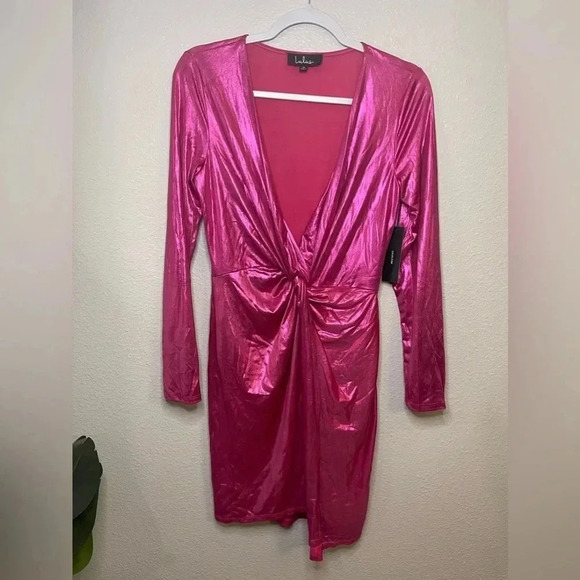 NWT Lulus Glow Like Me Hot Pink Metallic Twist-Front Long Sleeve Dress - Picture 2 of 13
